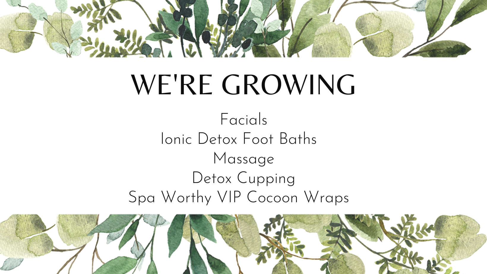 We're Growing! Facials, Ionic Detox Foot Baths, Massage, Detox Cupping, Spa Worthy VIP Cocoon Wraps